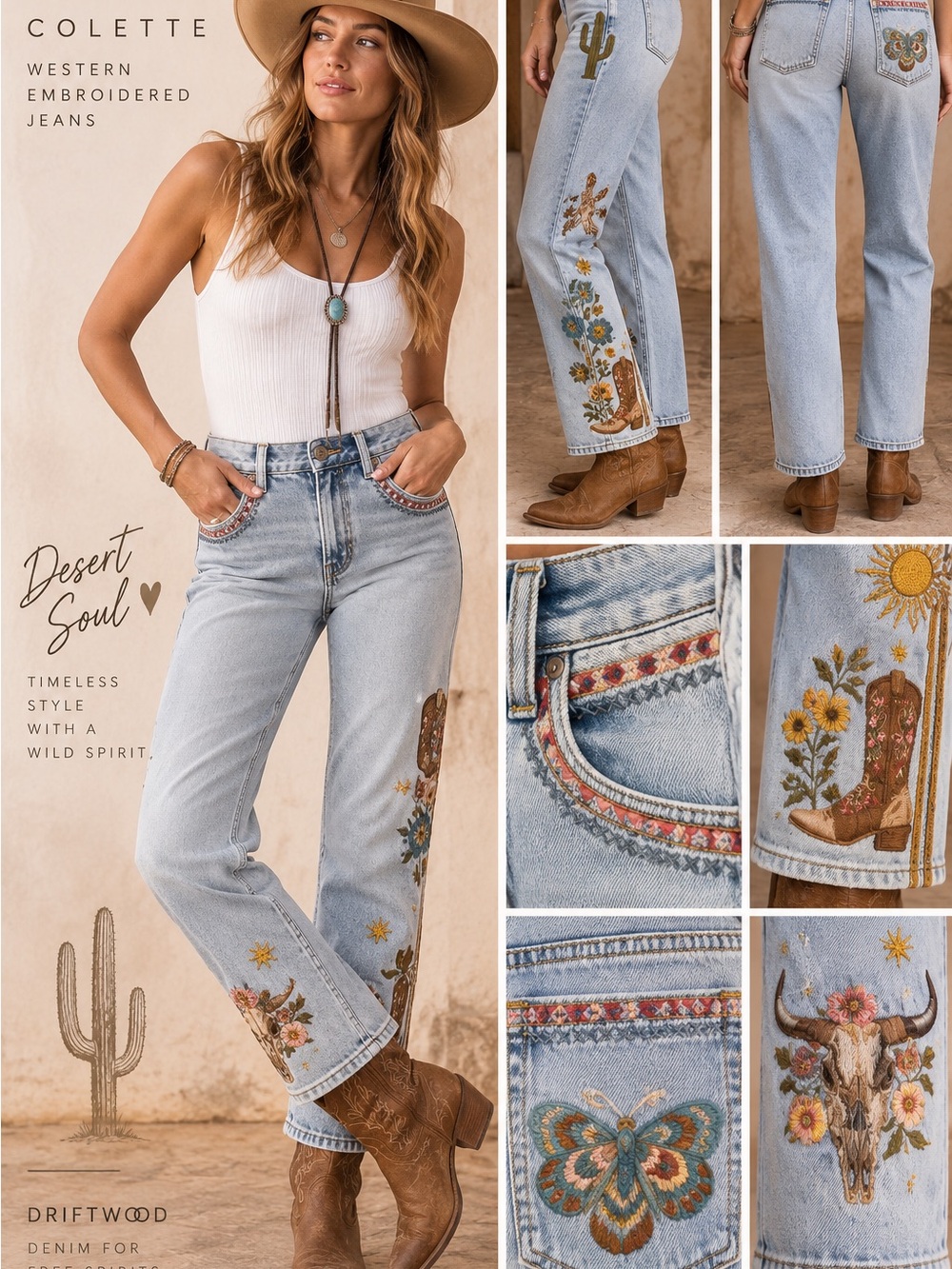 DRIFTWOOD Collette DESERT SOUL Western Embroidered Womens Jeans  Light Wash $148